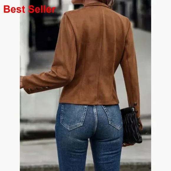 Faux Suede Leather Jacket Long Sleeve Blazer Cropped Slim Waist - Picture 5 of 5